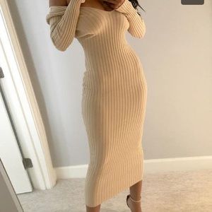 Ribbed knit off the shoulder midi dress